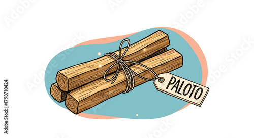 Palo santo wood sticks, tied with natural twine and a 'PALOTO' tag, depicted in a charming hand-drawn illustration on a tranquil teal background.