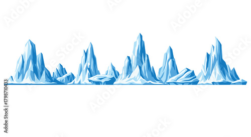 A seamless pixel art landscape border featuring jagged blue and white ice formations and frozen glacial peaks.