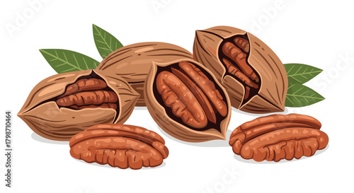 An illustrative depiction of pecans, featuring whole nuts in shells, cracked open shells, and shelled halves, accompanied by fresh green leaves.
