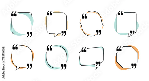 A collection of modern quote boxes and speech bubbles with different shapes, adorned with quotation marks and abstract color accents.