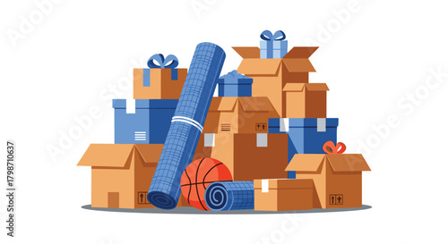 A large pile of moving boxes, some gift-wrapped, stacked alongside rolled-up blueprints or mats and a basketball, symbolizing moving or new endeavors.