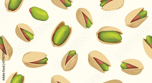 Seamless pattern of scattered pistachios, some in shells and some shelled, on a light cream background, showcasing their vibrant green color.