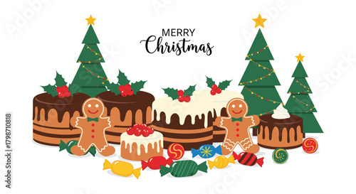 A festive illustration of Christmas cakes, gingerbread cookies, and candies arranged around decorated Christmas trees with \.