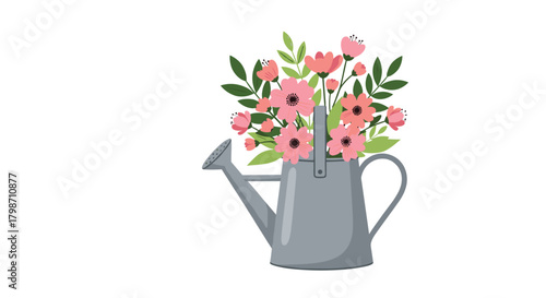 Charming illustration of a grey watering can overflowing with beautiful pink and coral flowers and lush green leaves, a symbol of spring.
