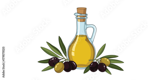 A glass bottle of golden olive oil is elegantly presented with fresh olive branches and a mix of ripe black and vibrant green olives.