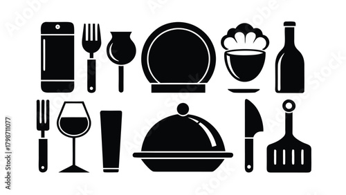 Assorted Black Silhouettes of Kitchen Utensils and Food Service Equipment Keywords: kitchen, utensils, food, service, restaurant, dining, cooking