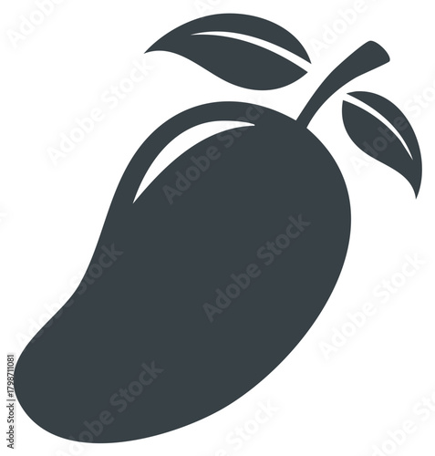 Simple silhouette of a tropical mango fruit with stem and leaves. Minimalist graphic illustration.