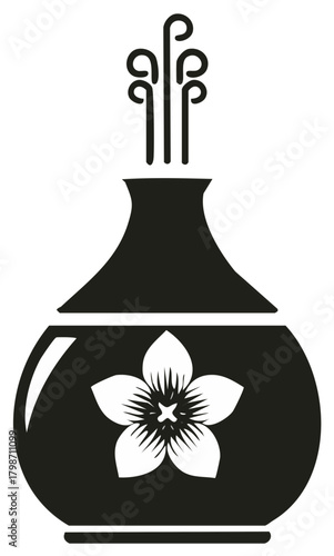 Stylized aroma diffuser emitting fragrance with a beautiful flower design black and white vector illustration