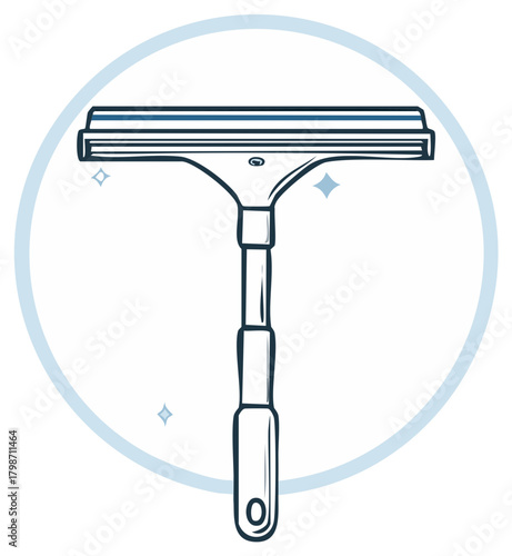 Squeegee window cleaning tool line art icon with sparkles vector doodle illustration