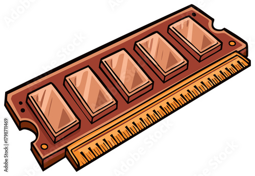 Drawn RAM module with gold plated contacts, illustration for computer components and hardware in graphic art style
