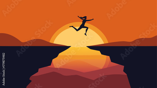 Silhouette woman jumping over the chasm