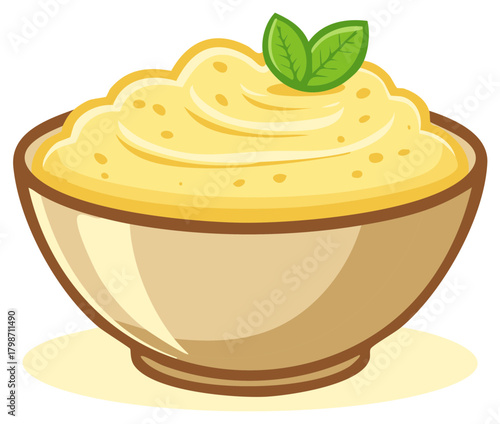Illustration of a bowl of creamy yellow food with green leaf garnish