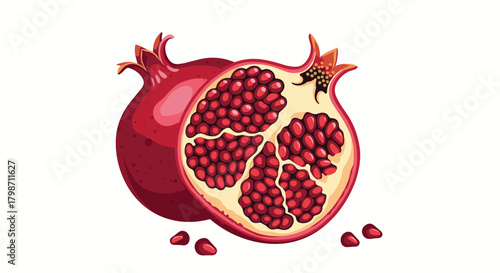 A vibrant illustration of a whole and a half-cut pomegranate, showcasing its juicy red arils, set against a clean white background.
