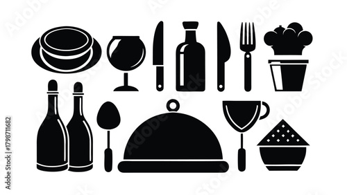 Assortment of Black Silhouettes of Food Service and Kitchenware Items Keywords: food, service, kitchen, kitchenware, restaurant, dining, cooking