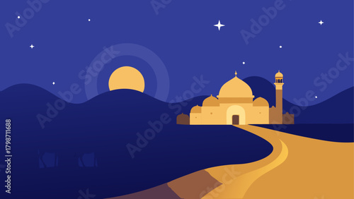 Mosque under moonlight in night scene