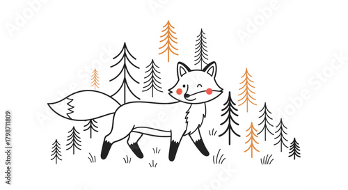 A charming cartoon fox winks playfully while walking through a whimsical forest with stylized evergreen trees and grass.