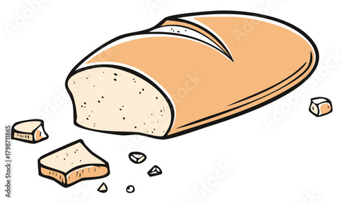 Cartoon Loaf of Bread with Crumbs Illustration, Bakery Food Design, Fresh Baked Pastry