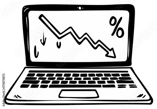 Hand drawn laptop displaying financial decline graph with percentage symbol on screen
