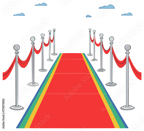 Red carpet entrance with elegant silver stanchions and red ropes under a clear sky illustration