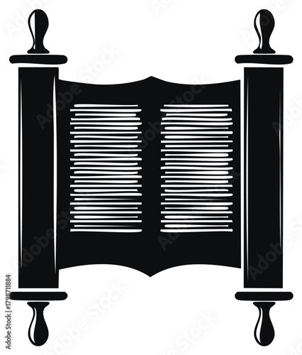 Ancient open scroll with sacred text black and white religious icon