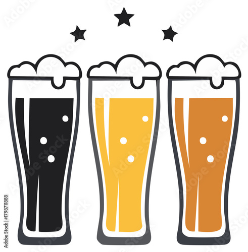 Variety of beer glasses with foamy heads and celebration stars icon