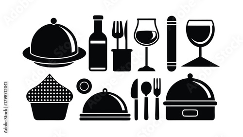 Assortment of Restaurant and Food Icons in Black Silhouette on White Background Keywords: food, drink, restaurant, dining, meal, cuisine, service