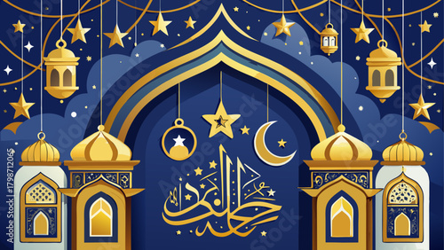Eid mubarak background with lanterns stars
