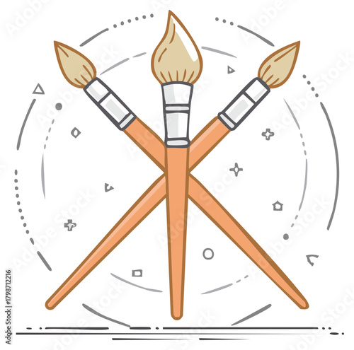 Artistic vector illustration of three crossed paint brushes symbolizing creativity and painting