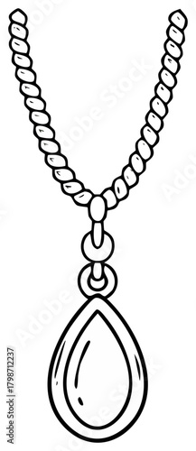 Elegant jewelry necklace with twisted chain and classic teardrop pendant line art drawing