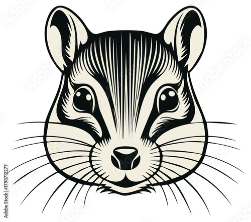 Stylized Chipmunk Face Illustration Detailed Black and Cream Portrait