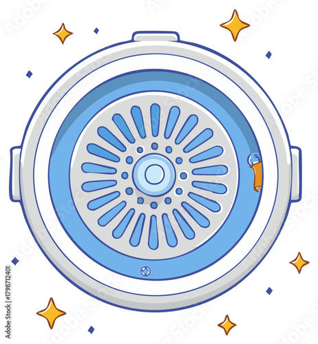 Cartoon illustration of a clean, round portable washing machine with sparkling stars