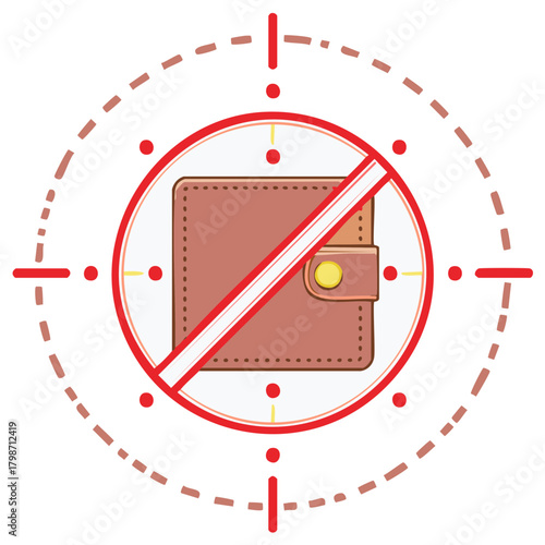 Illustration of a wallet under a red prohibition sign with target crosshairs symbolizing financial restrictions or loss