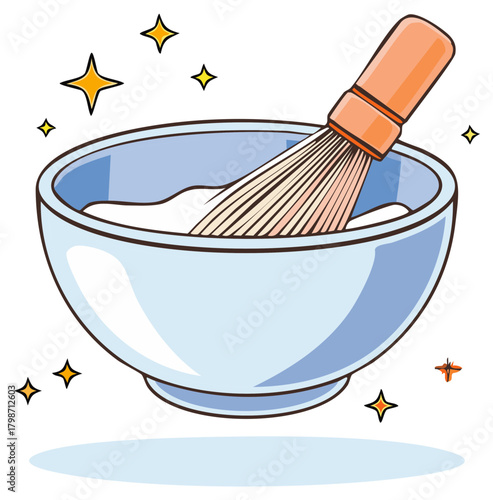 Cute Cartoon Illustration of a Bamboo Whisk Creating Sparkling Creamy Foam in a Bowl