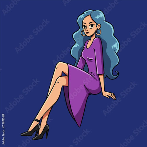 Stylish woman with long blue hair and purple dress seated against a navy background.