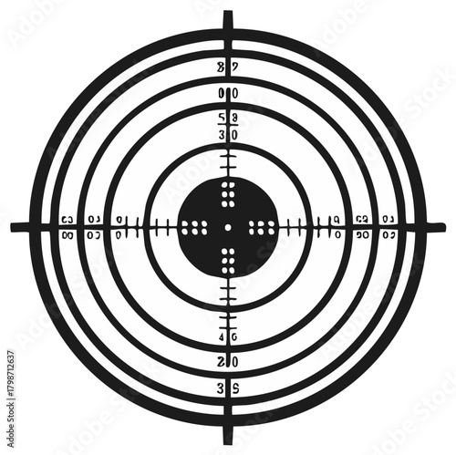 Black and white detailed aiming target with crosshairs and concentric rings for precision