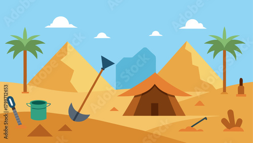 Scene of desert with pyramids and tent