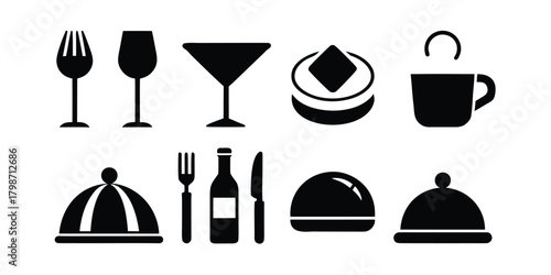 Black Silhouette Icons of Food and Drink Utensils and Dishes vector illustration
