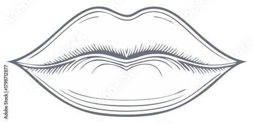 Detailed illustration of lips in a vintage style, gray contour, feminine concept