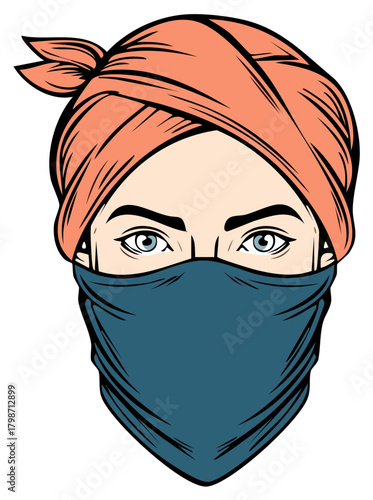Mysterious person with intense blue eyes wearing a face covering and headwrap illustration