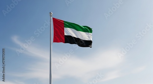 UAE flag waving in desert landscape during golden sunset