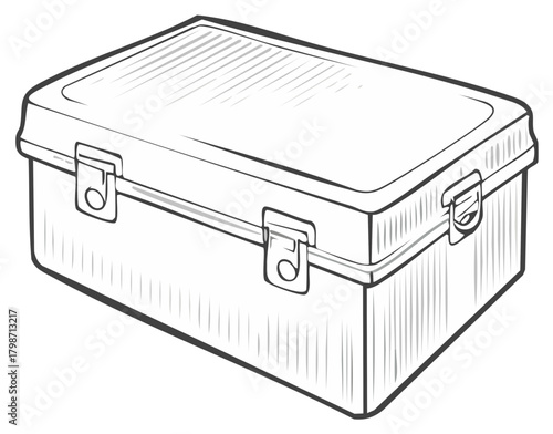 Rectangular storage container with closing latches sketchy drawing in monochrome