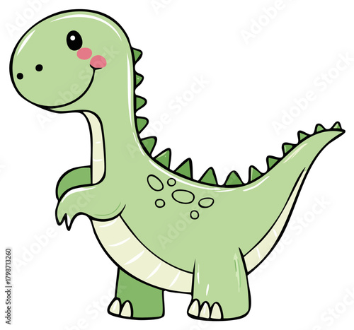 Cute green cartoon dinosaur with pink cheeks and spots