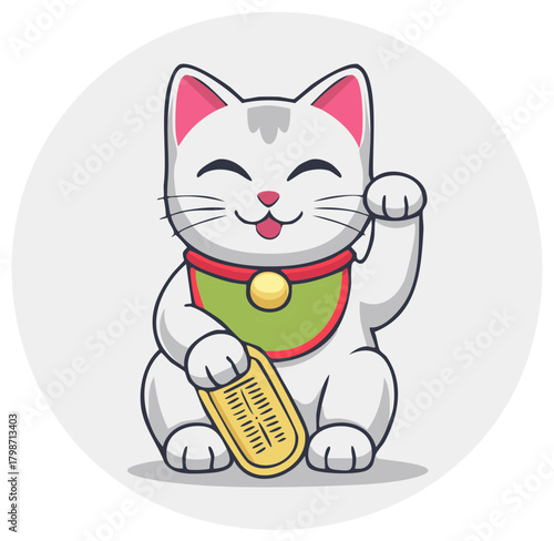 Happy Japanese Maneki Neko beckoning cat holding a gold coin for good luck cartoon illustration