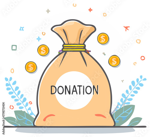 Donation bag with coins and decorative elements. Giving and charity concept.