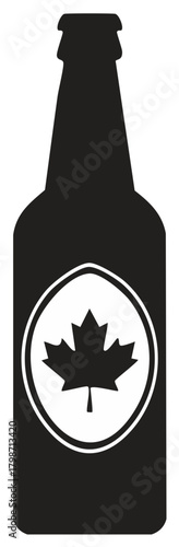 Silhouette of a Canadian beer bottle with a maple leaf symbol on the label. Vector icon illustration.