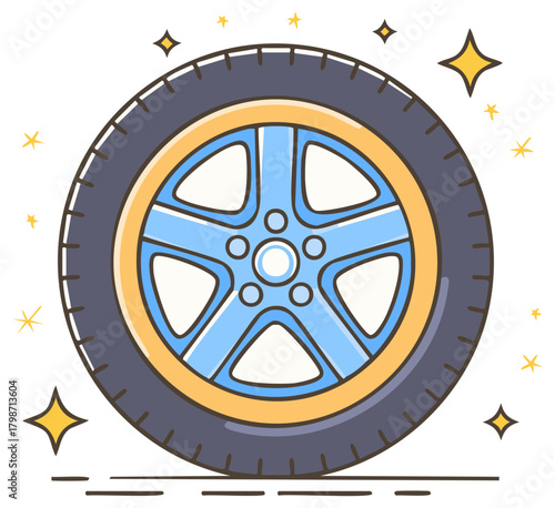 Cartoon illustration of a clean, sparkling car wheel with a blue rim and gold accent