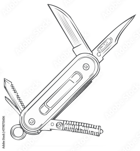 Line Art Illustration of a Multi-Tool Pocket Knife with Various Blades