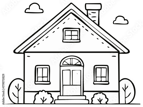 House Illustration with Shrubs and Trees, Black and White Line Art