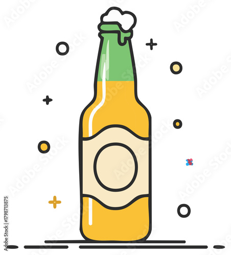 Playful cartoon illustration of a fresh beer bottle with overflowing foam and a blank label