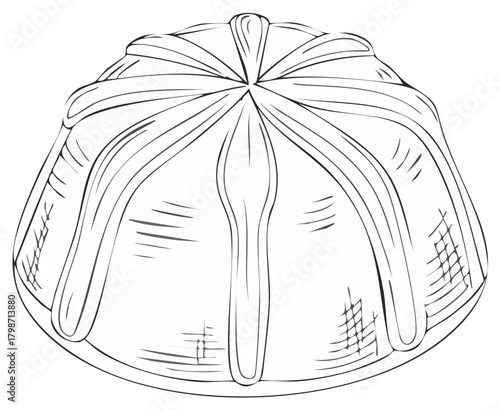 Elegant ribbed dessert mold with spoon shape indentations, line drawing